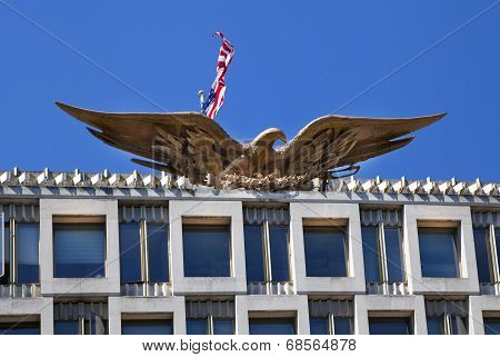 LONDON, UK - JUNE 3, 2014: Mayfair, USA embassy. Eagle the state symbol