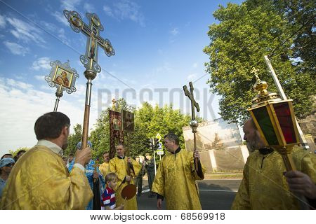 TIKHVIN, RUSSIA - JULY 9, 2014: Unidentified participants Orthodox Religious Procession on the occasion celebrations of the 10th anniversary of the return of the Tikhvin icon of the Mother of God.