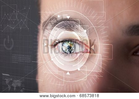 Modern cyber man with technolgy eye looking