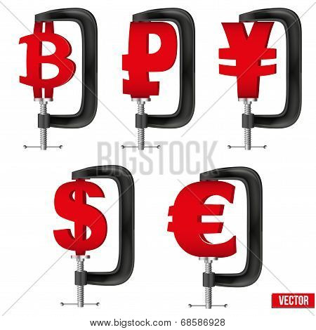 Set of Currency symbols being squeezed in a vice
