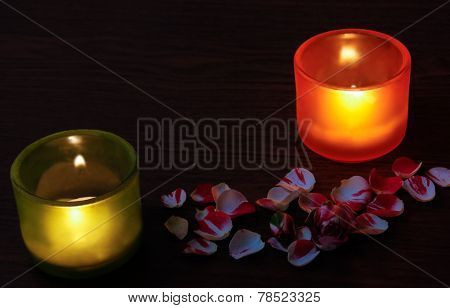 Glass Candlesticks, Rose  And Rose Petals
