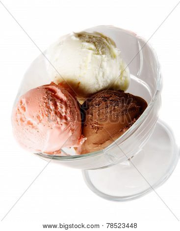 Three Scoops Of Chocolate, Strawberry And Vanilla Ice Cream In Glass