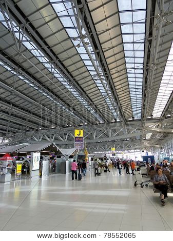 Bangkok, Thialand - July 2014: Airport terminal architecture design structure with people