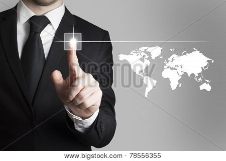Businessman Pushing Button Worldmap Global