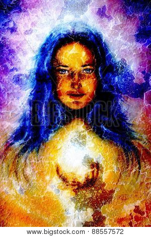 Painting Woman With Long Blue Hair, Holding A Sourceful Of A White Light On Her Palm, With Structure