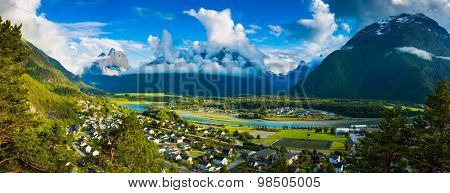 Panoramic view on Andalsnes City, NorwayMountain Landscape