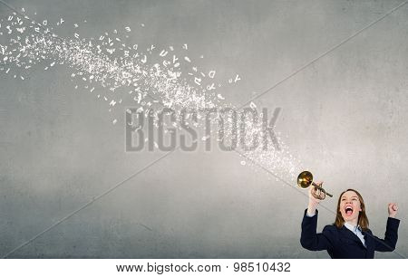 Woman speaking in horn