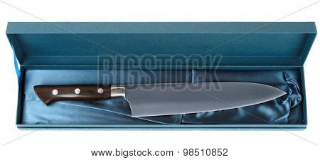 Japanese chef's knife in blue gift box, isolated, never used