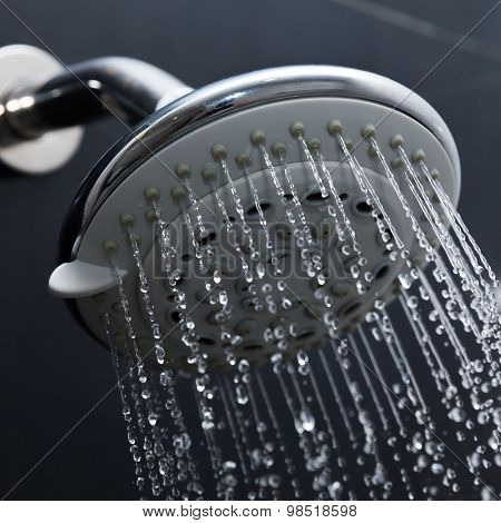 Shower Head In Bathroom With Water Drops Flowing