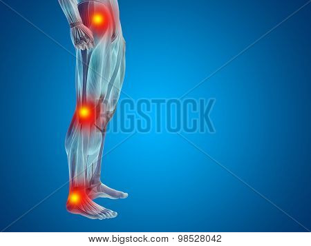 Conceptual 3D human man anatomy lower body or health design, joint or articular pain, ache or injury on blue background