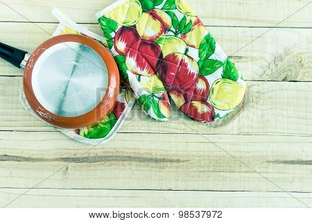 Kitchenware On Wooden Background. Top View With Text Space