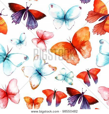 Bright watercolor butterflies seamless background pattern