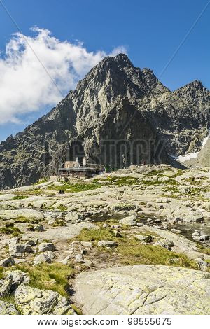 Mountain Hut Against Peak In The Tatra Mountains In Slovakia