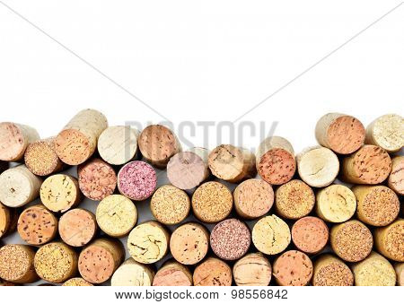 Lots of wine corks with white copyspace
