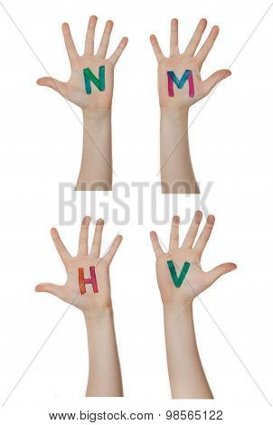 Alphabet (letters) painted on children hands.  Rises up hands.