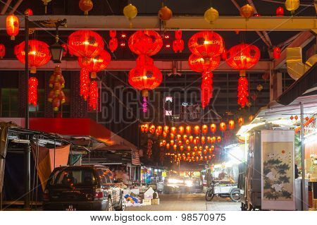 Chinese Market With Red Lanterns At Night