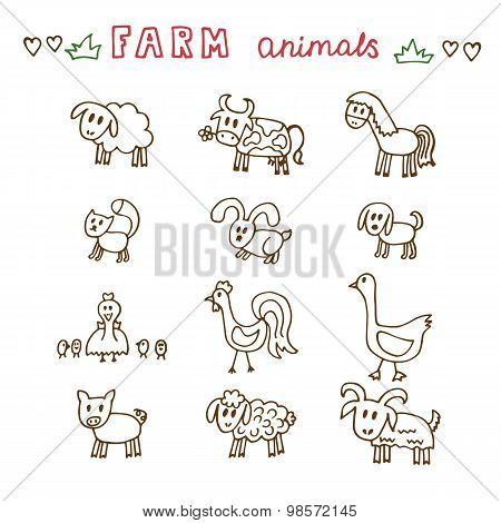Set Of Hand Drawn Farm Animals. Sheep, Cow, Horse, Pig, Goose, Duck, Rooster, Hen With Chicks, Rabbi