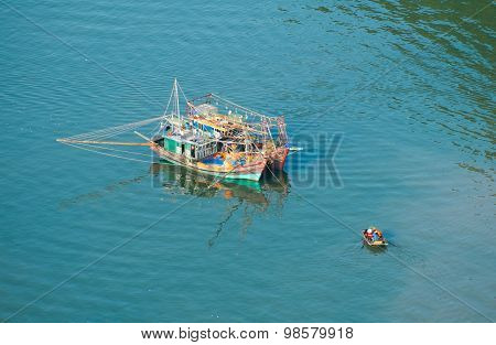 Boats on the sea from high view in Halong bay, Vietnam.