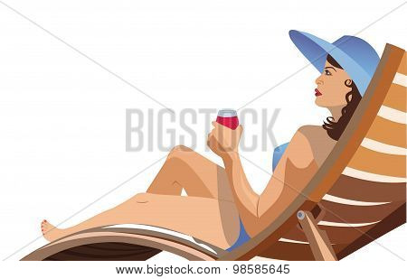 Girl Lying In A Deck Chair And Drinking Wine