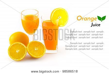 Orange Juice And Slice Isolated On White With Sample Text