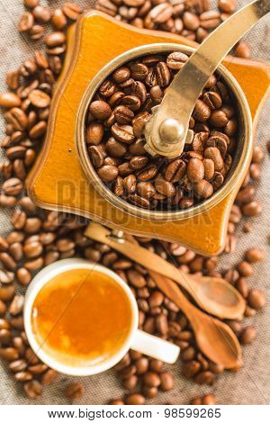Coffee Beans And Antique Coffee Grinder