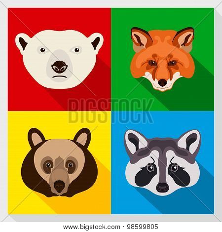 Set of animals with Flat Design. Symmetrical portraits of animals. Vector Illustration.