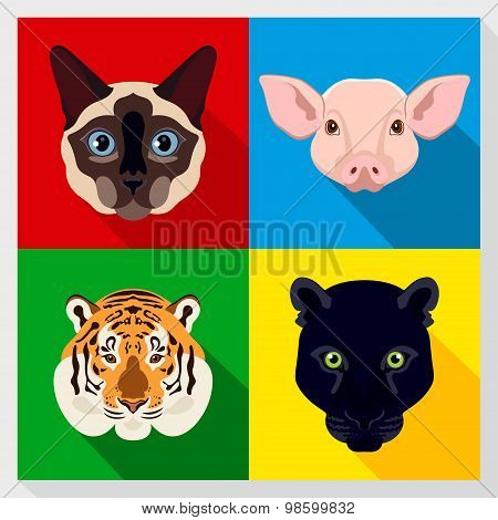 Set of animals with Flat Design. Symmetrical portraits of animals. Vector Illustration.