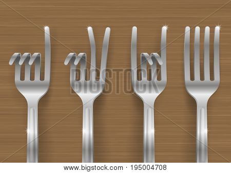 Set of metal forks bent in the form of gestures. Concept on a theme of meal