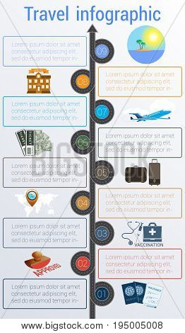 Tourism and travel concept infographic. Template 9 positions. Motorway passports visa stamp card point syringe medical set dollarssuitcase tickets jet hotel island palm sea sun sky
