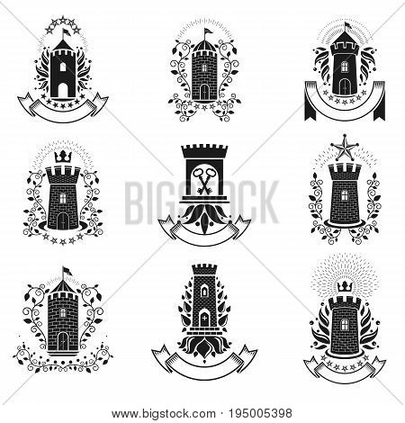 Ancient Citadels emblems set. Heraldic vector design elements collection. Retro style label heraldry logo.