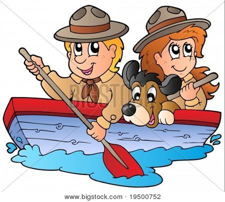 Holzboot mit Scout jungen und Mädchen - Vektor-Illustration.
