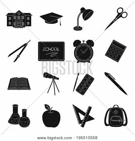 A book, a telescope, a pen, items for schooling.School And Education set collection icons in black style vector symbol stock illustration .