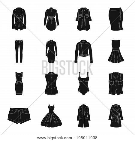 Dress, sarafan, coats of women's clothing. Women's clothing set collection icons in black style vector symbol stock illustration .