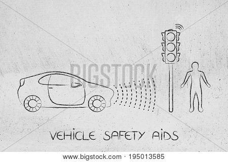 Vehicle With Sensors Detecting Proximity With Street Light And Pedestrian