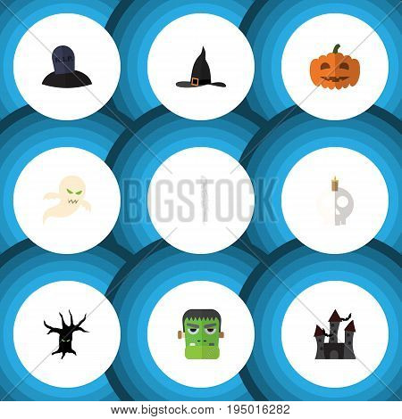 Flat Icon Celebrate Set Of Witch Cap, Tomb, Cranium And Other Vector Objects. Also Includes Pumpkin, Wizard, Specter Elements.