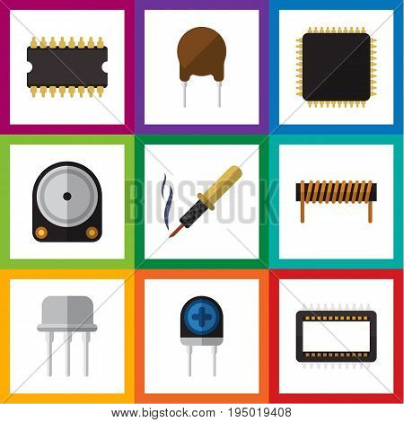 Flat Icon Technology Set Of Transducer, Resist, Triode And Other Vector Objects. Also Includes Coil, Bobbin, Hdd Elements.