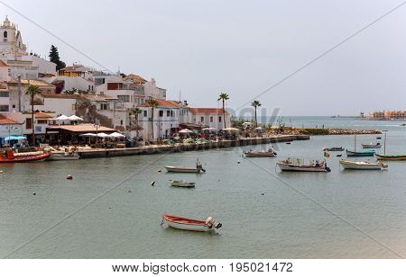 FERRAGUDO, PORTUGAL - APRIL 24, 2017: Picturesque view of Ferragudo fishing village in Algarve, Portugal