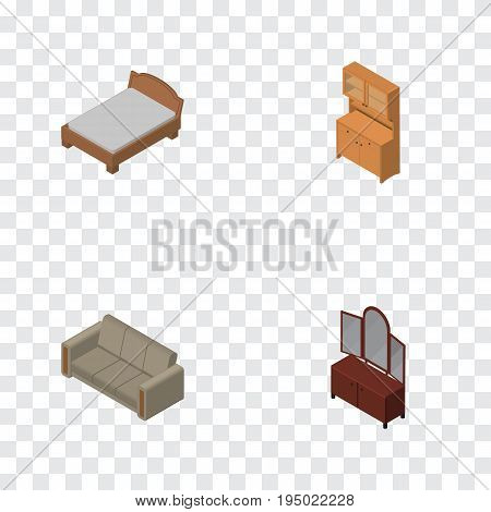 Isometric Furnishing Set Of Couch, Bedstead, Drawer And Other Vector Objects. Also Includes Settee, Cupboard, Furniture Elements.