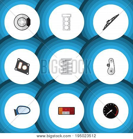 Flat Icon Auto Set Of Cambelt, Tachometr, Auto Component And Other Vector Objects. Also Includes Belt, Windshield, Spring Elements.