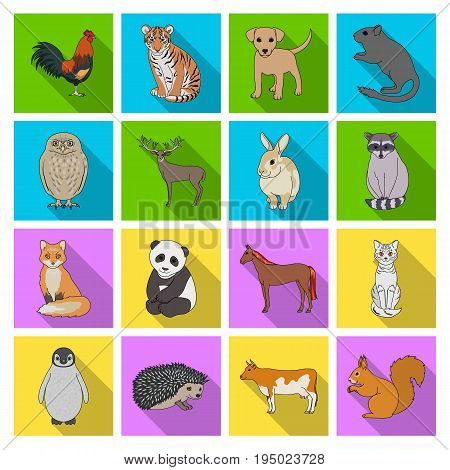 Deer, tiger, cow, cat, rooster, owl and other animal species.Animals set collection icons in flat style vector symbol stock illustration .
