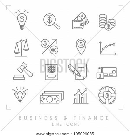Set of line thin business and financial icons. Business idea bulb magnifier wallet coins libra arrow point graph gaver pass contract card lock diamond dollars lifebuoy.