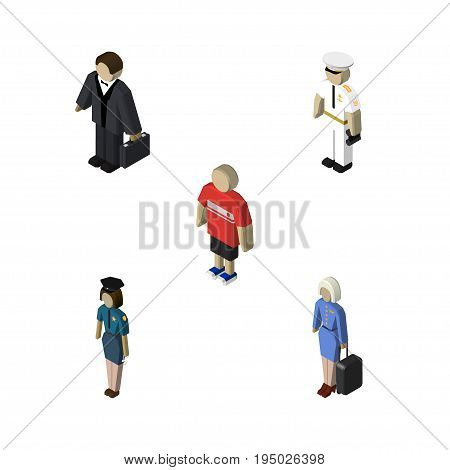 Isometric People Set Of Policewoman, Hostess, Investor And Other Vector Objects. Also Includes Businessman, Sailor, Policewoman Elements.