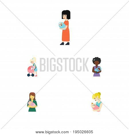 Flat Icon Mother Set Of Baby, Woman, Mam And Other Vector Objects. Also Includes Mam, Baby, Perambulator Elements.