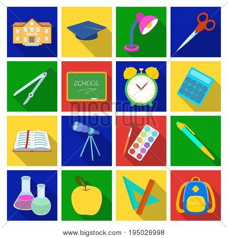 A book, a telescope, a pen, items for schooling.School And Education set collection icons in flat style vector symbol stock illustration .