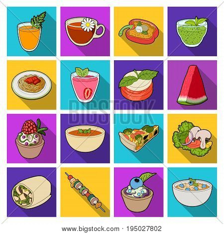 Juice, pizza, berries are vegetarian dishes.Vegetarian Dishes set collection icons in flat style vector symbol stock illustration .