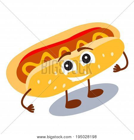 Funny cute fast food hot dog with smiling human face isolated on white background. Vector illustration for kids restaurant menu. American unhealthy lunch icon for your cute design.