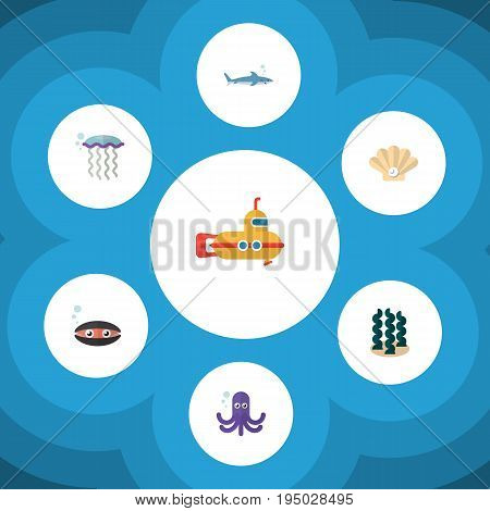 Flat Icon Marine Set Of Alga, Conch, Tentacle And Other Vector Objects. Also Includes Scallop, Seaweed, Underwater Elements.