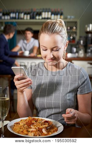 Food Blogger Posting Online Review Of Restaurant Meal Using Mobile Phone