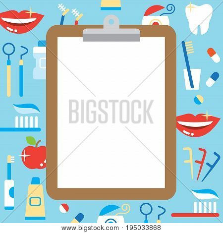 blank clipboard and dental care products: tooth paste, tooth brush, cup, apple, smiling teeth, white tooth, dental floss, and mouthwash