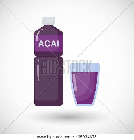 Acai berries juice vector flat icon Flat design of superfood or healthy eating object with round shadow isolated on the white background cute vector illustration with reflections